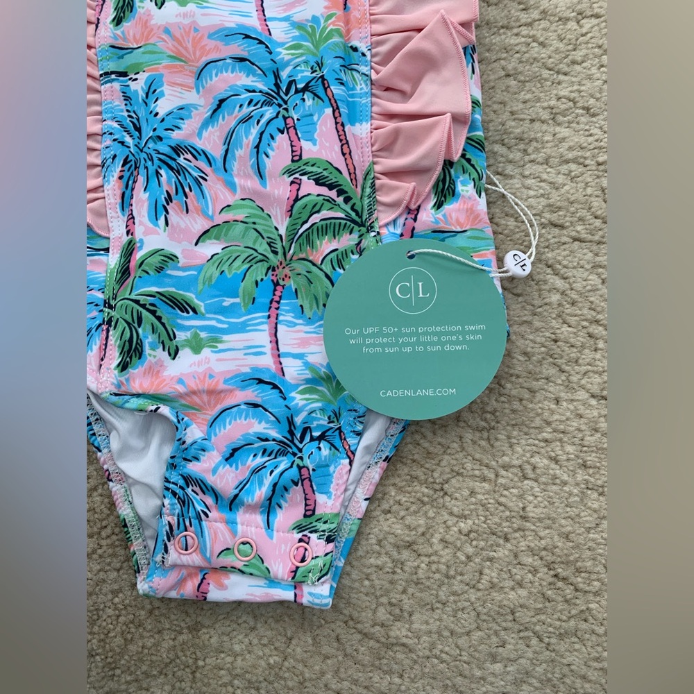 Caden Lane NWT Size 6-12 Months Ocean Pearl Ruffle Palm Tree One Piece Swimsuit - Picture 7 of 7